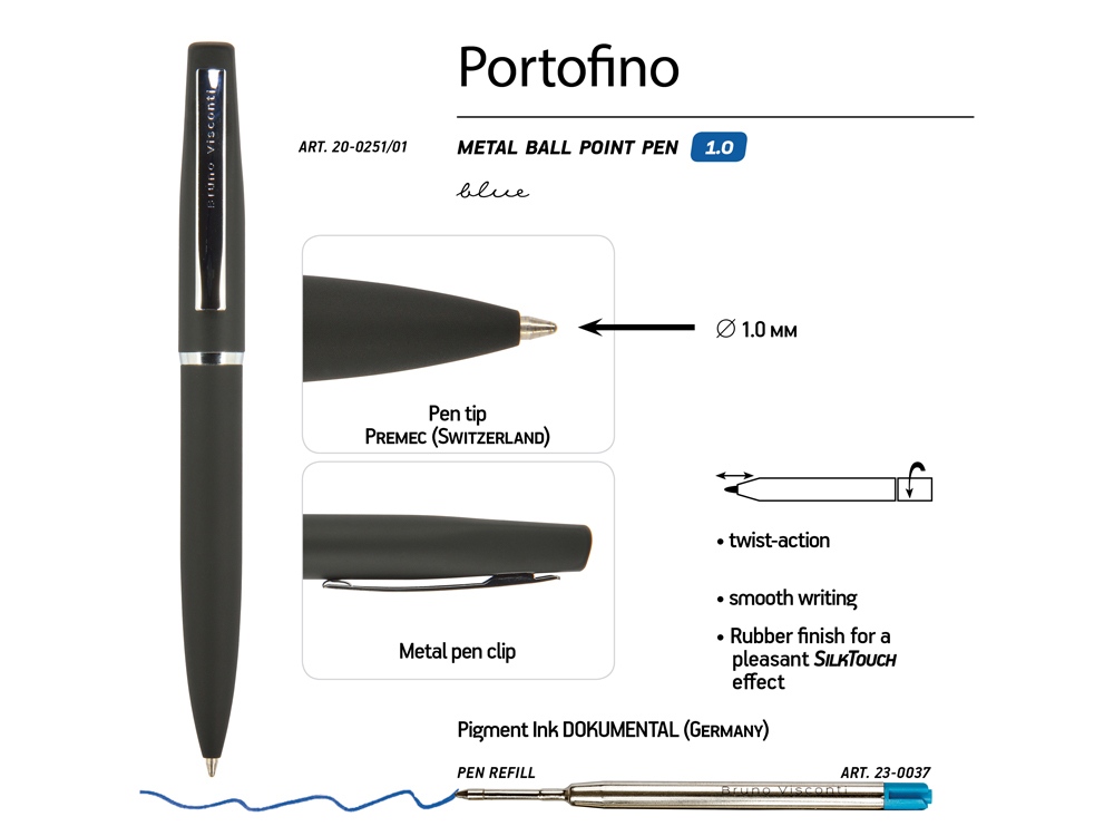 Ручка металлическая шариковая Portofino, софт-тач, 1.0 мм, черный-2
