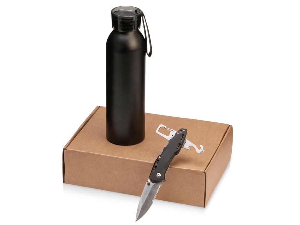 Подарочный набор с бутылкой для воды и ножом Tourist, черный-0