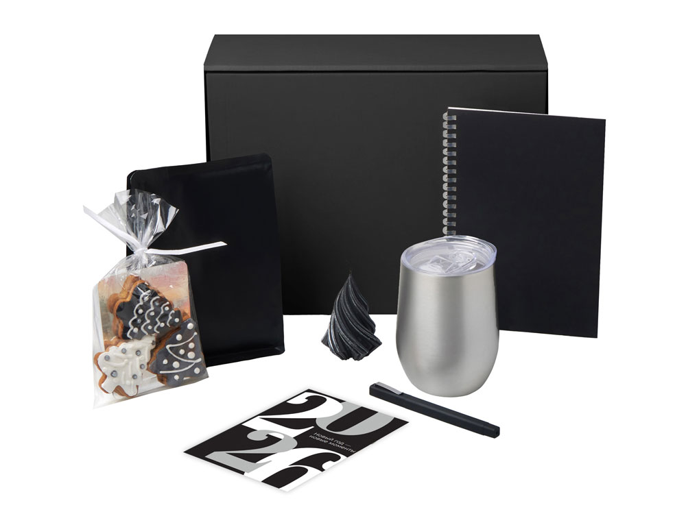 Подарочный набор c термокружкой, блокнотом, ручкой и свечкой, серебристый-1