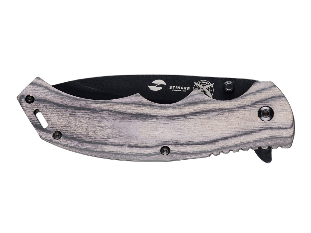Нож складной Stinger, 120 мм, (чёрный), материал рукояти: дерево/сталь (серый), в картонной коробке-1