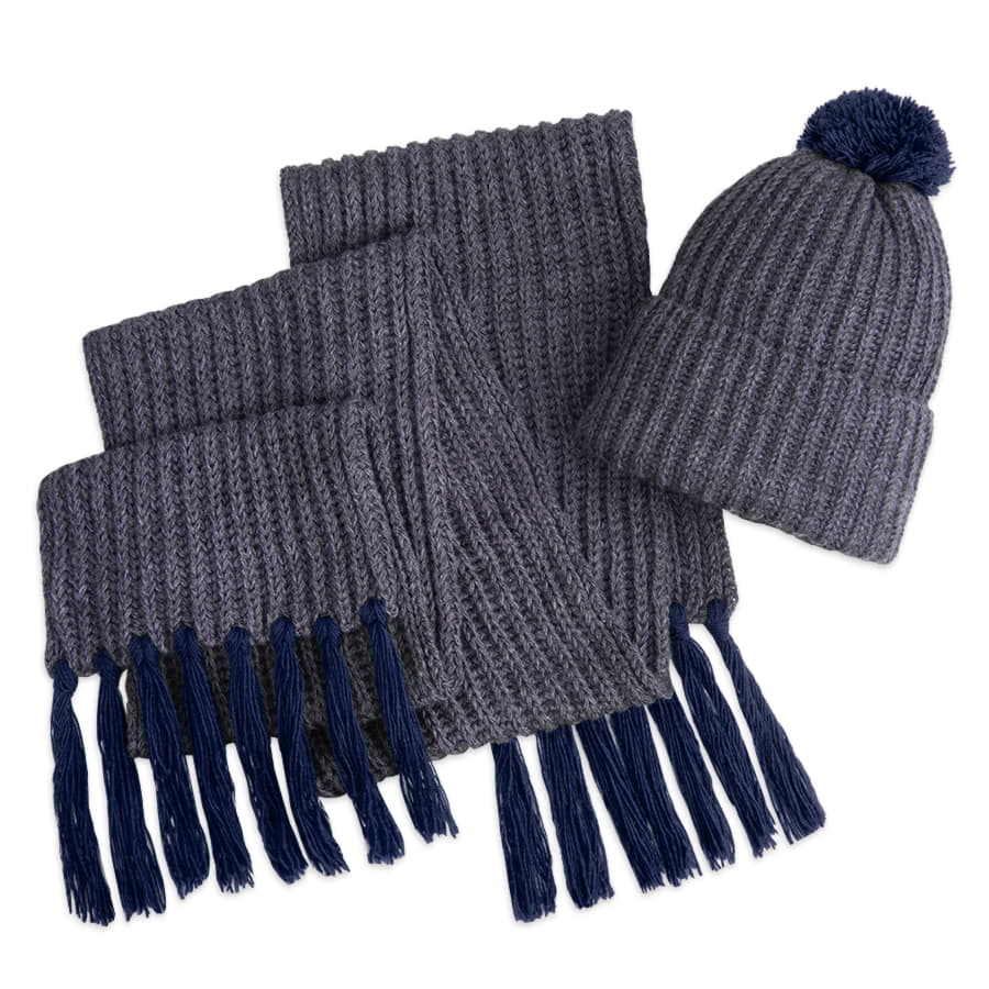 Шапка и шарф GoSnow с ярким пoмпоном и кисточками, темно-синий-1