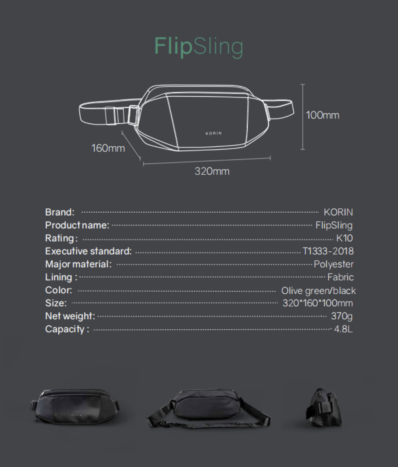Наплечная сумка KORIN FlipSling 32х16х10 см, темно-зеленая/черная-7