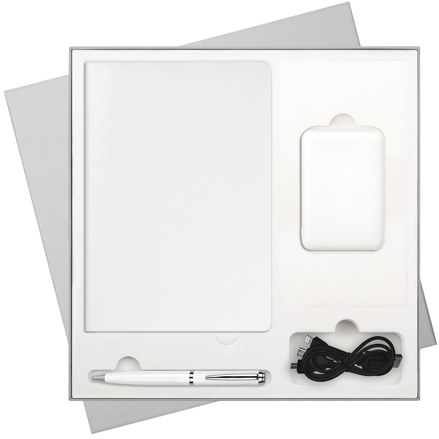 Подарочная коробка с ложементом для ежедневника, ручки и аккумулятора, серая (под съемные ложементы)-8