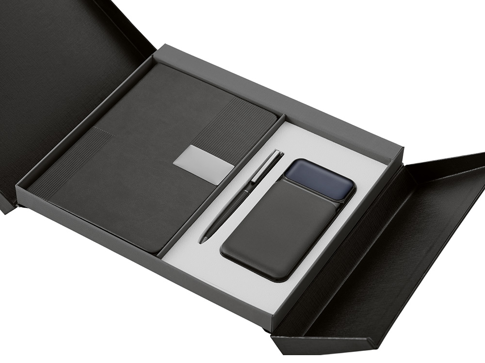 Подарочный набор Tesla с блокнотом А5, ручкой и пауэрбенком на 10 000 mAh, черный-3