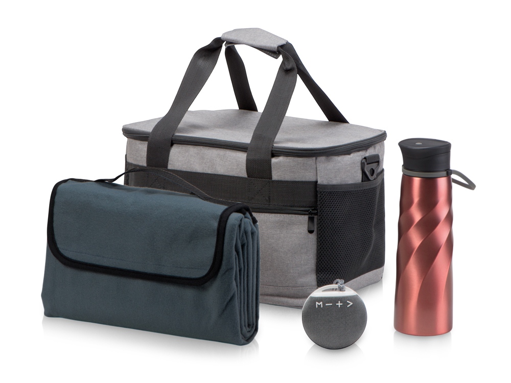 Подарочный набор с пледом и колонкой в сумке - холодильнике  Musical trek, красный-0