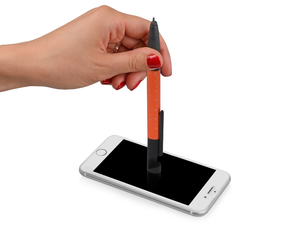 Ручка-стилус металлическая шариковая многофункциональная (6 функций) Multy, оранжевый-4