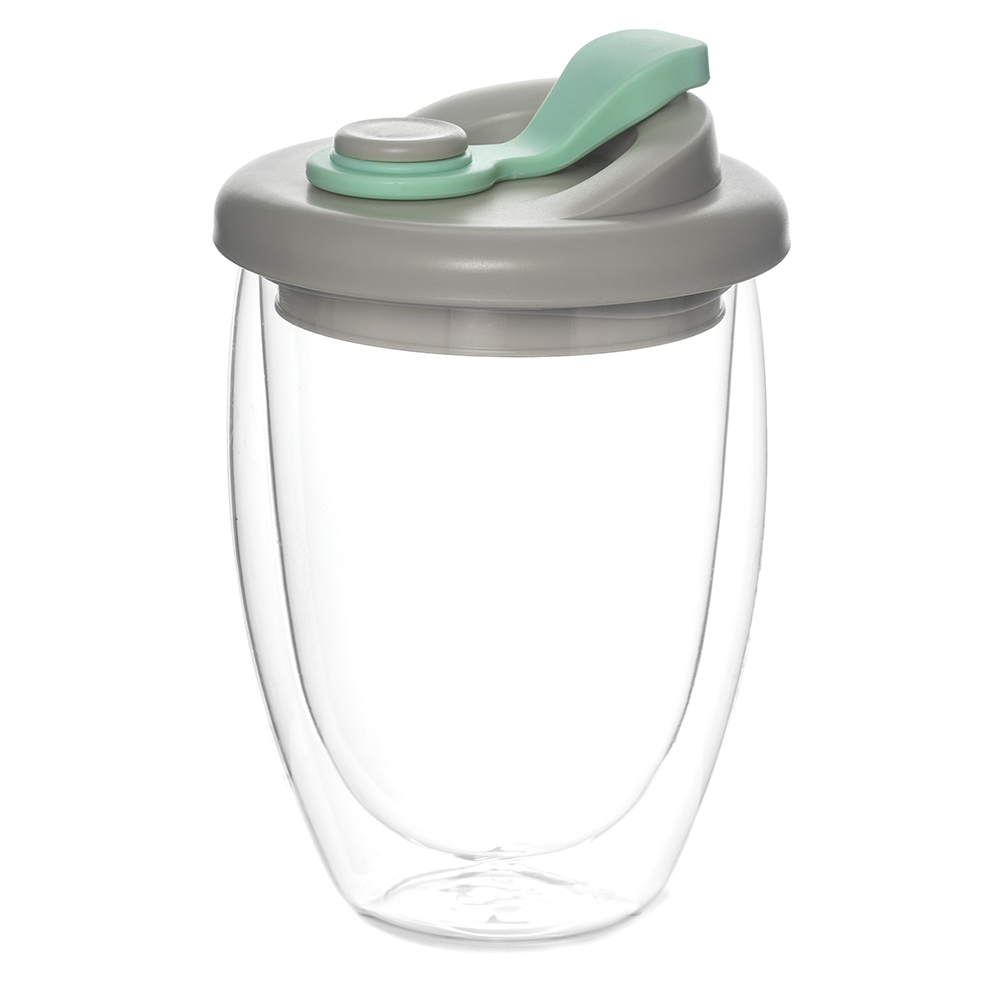 Стакан стеклянный Lotos с двойными стенками и крышкой, Бирюзовый-0