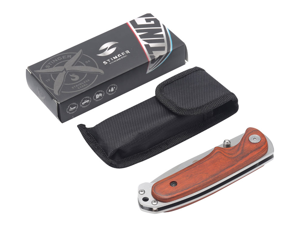 Нож складной Stinger, 91 мм, (серебристый), материал рукояти: сталь/дерево (серебристо-коричневый)-4