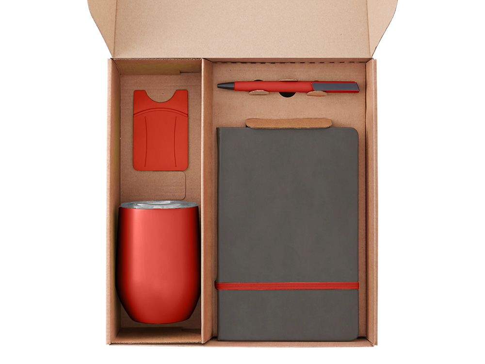 Набор с термокружкой, блокнотом, ручкой и ланчбоксом Refreshment, красный-1