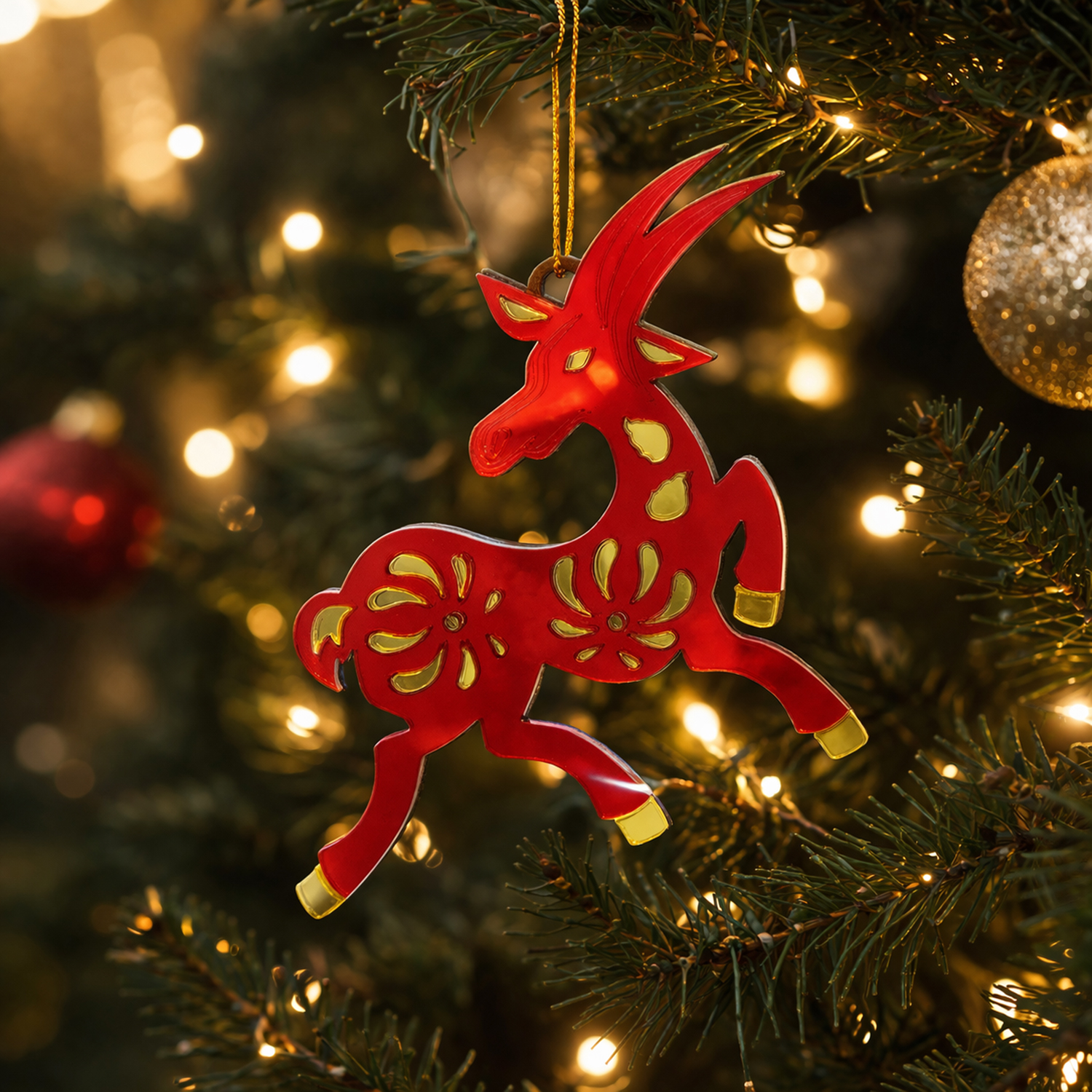 Ёлочная игрушка Коза (красный с золотом)-6