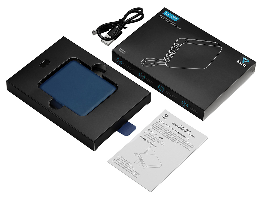 Внешний аккумулятор со встроенным кабелем USB-C Дэнси, 5000 мАч, темно-синий-5