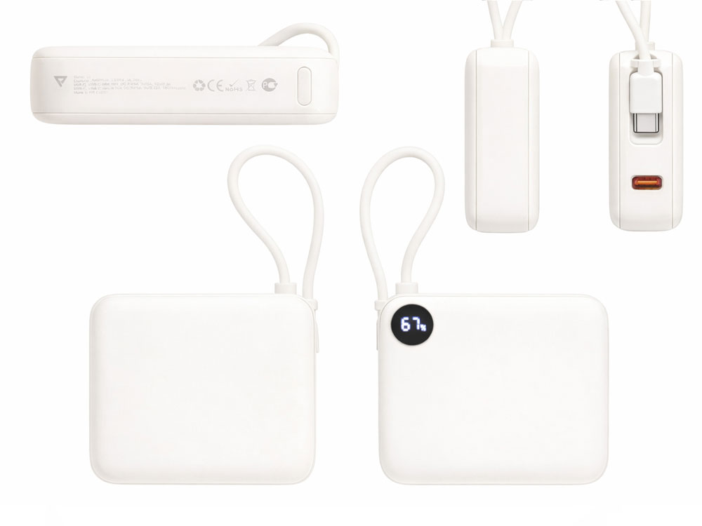 Внешний аккумулятор со встроенным кабелем Liri, QC/PD, 10000 мАч, теплый белый-3