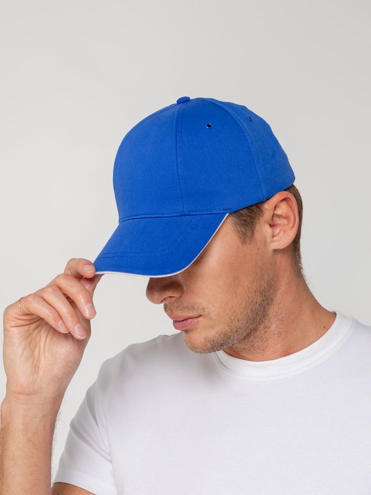 Бейсболка Canopy, ярко-синяя с белым кантом-6