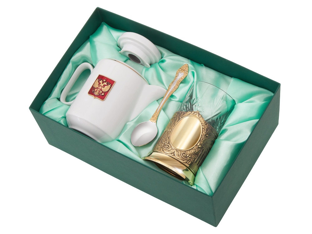 Чайный набор с подстаканником и фарфоровым чайником ЭГОИСТ-Л, золотистый/белый-0