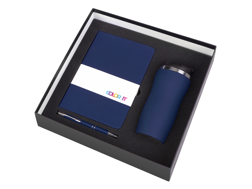 Подарочный набор с блокнотом С1, металлической ручкой и термокружкой, темно-синий-1