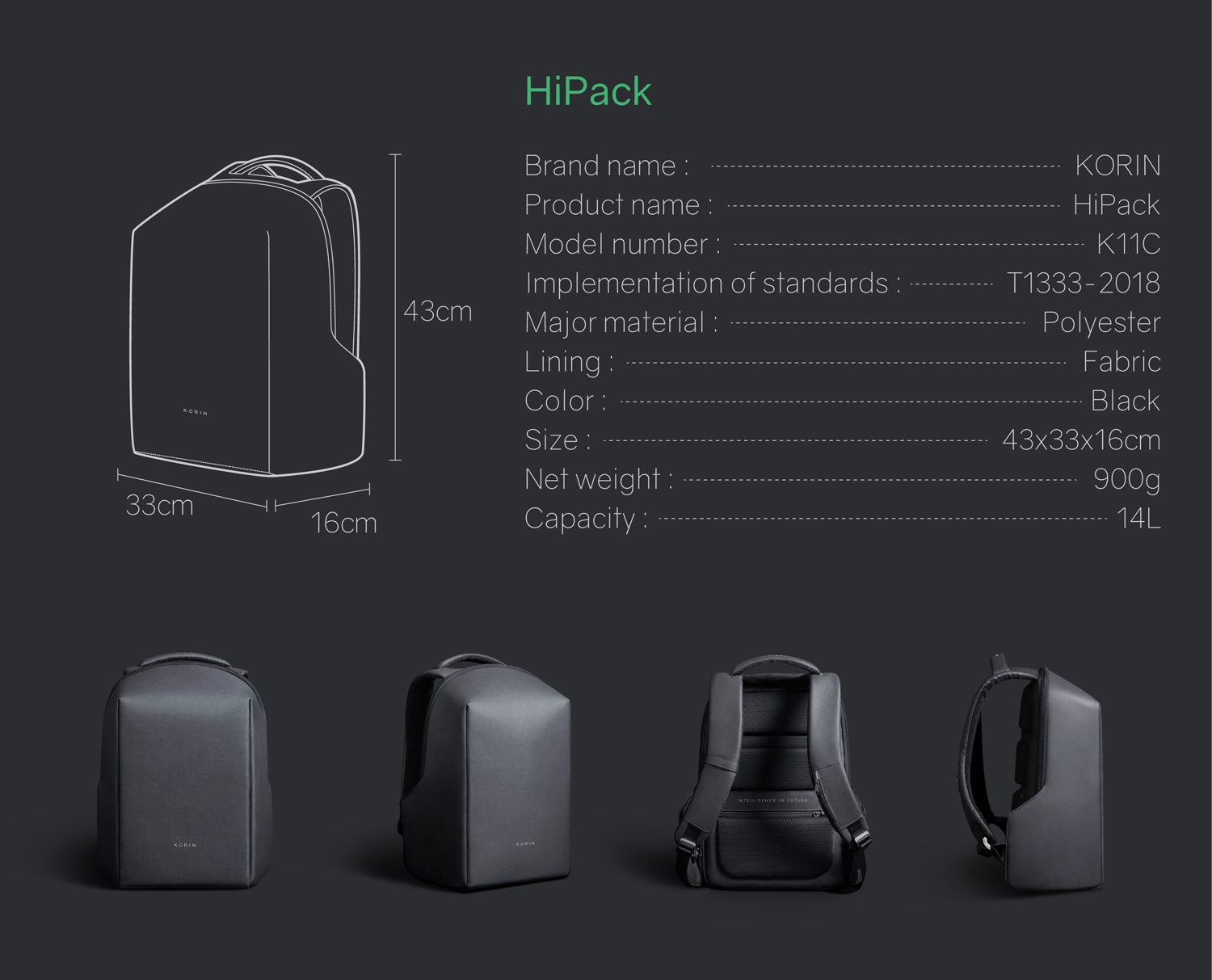 Рюкзак KORIN HiPack 43х33х16 см, черный-31