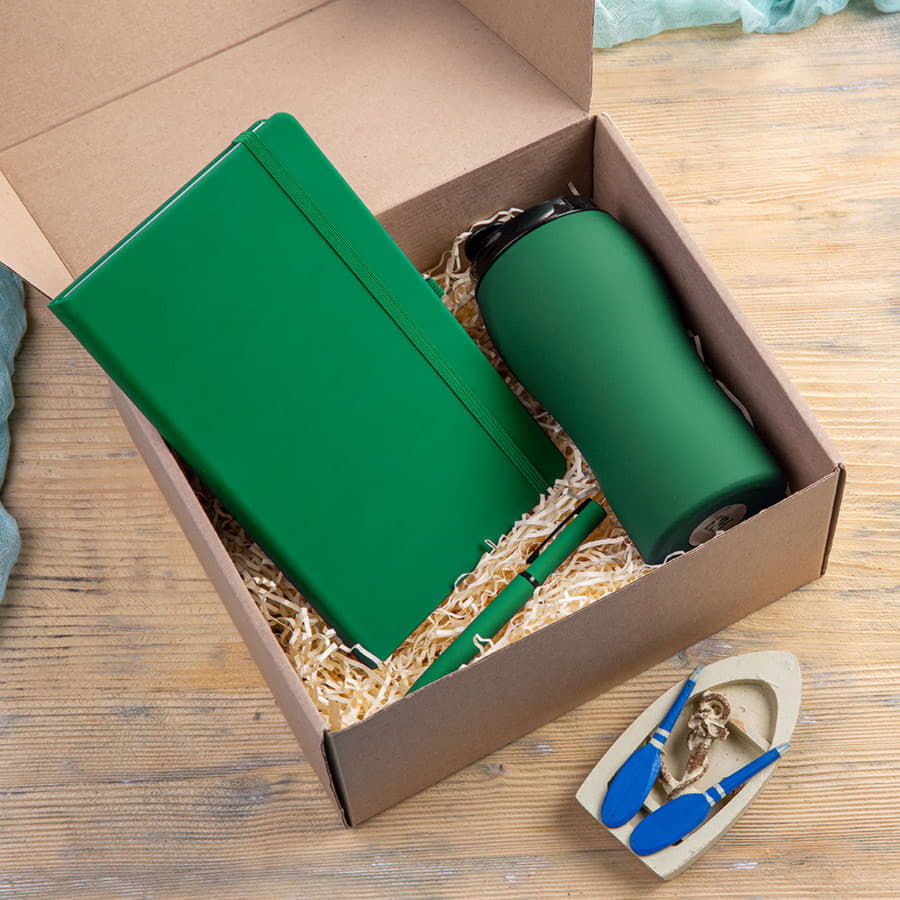 Набор подарочный SILKYWAY: термокружка, блокнот, ручка, коробка, стружка зеленый, зеленый-1