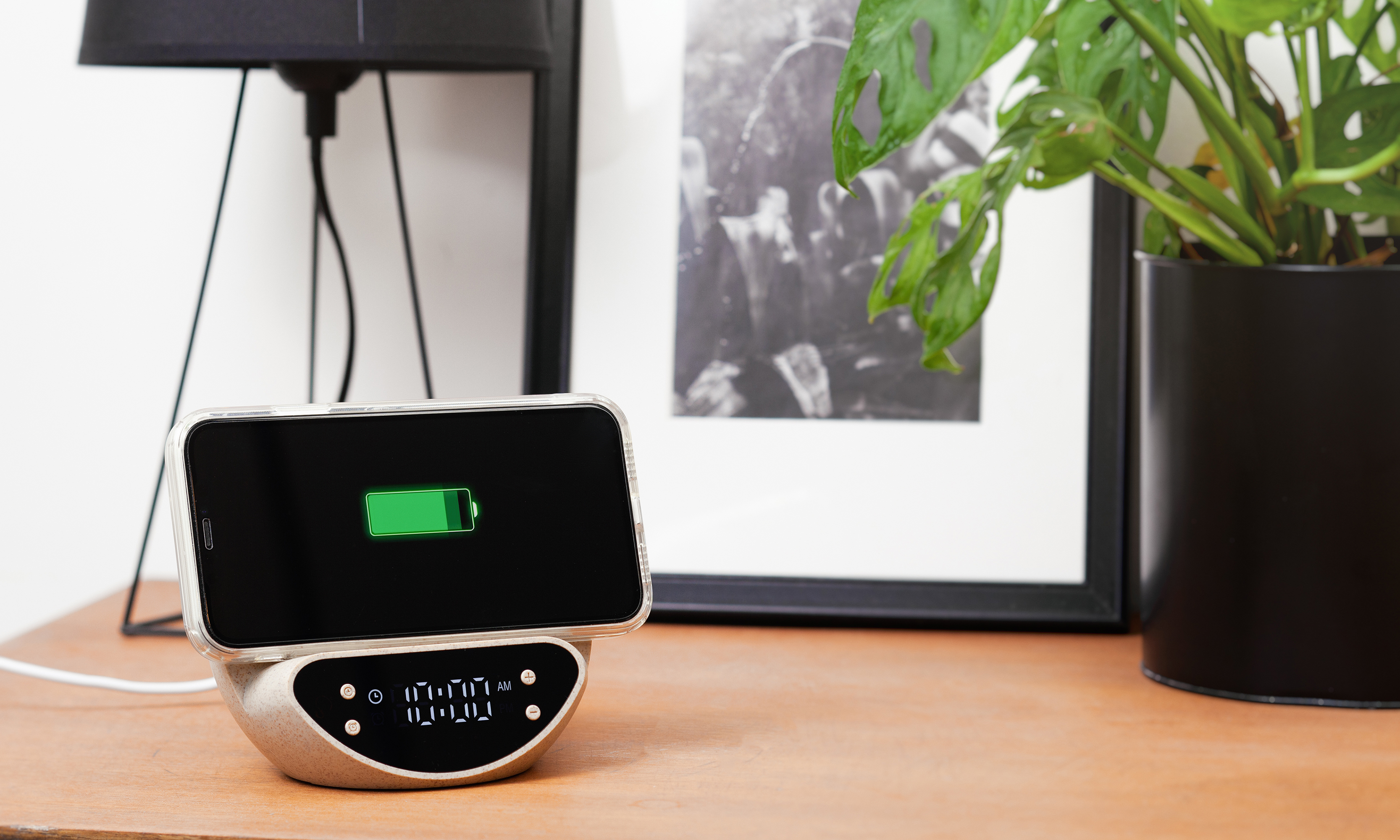 Настольные часы "Smiley" с беспроводным (10W) зарядным устройством и будильником, пшеница/бамбук/пластик-1