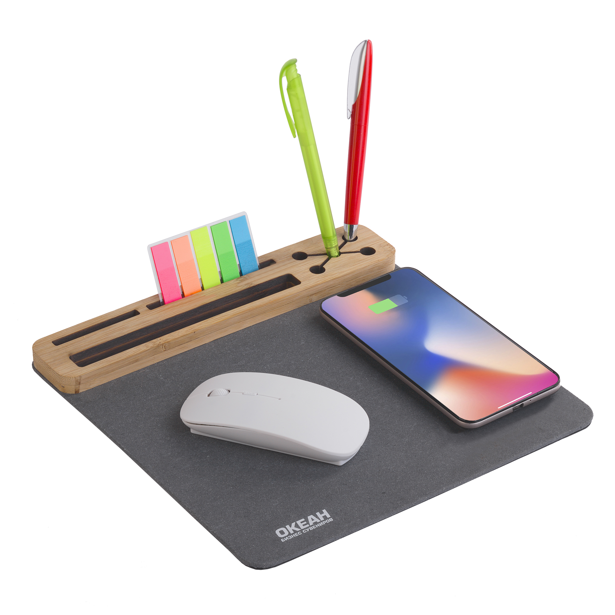 Настольная подставка с беспроводным зарядным устройством, переработанная кожа/бамбук-2