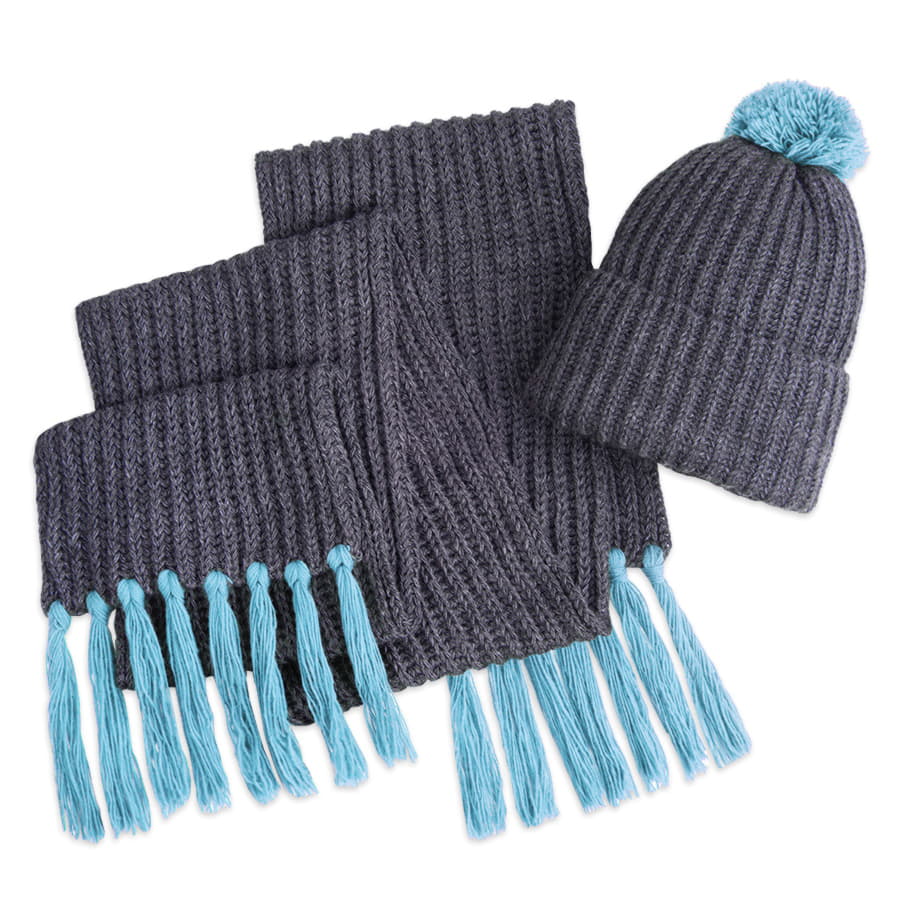 Шапка и шарф GoSnow с ярким пoмпоном и кисточками, голубой-1