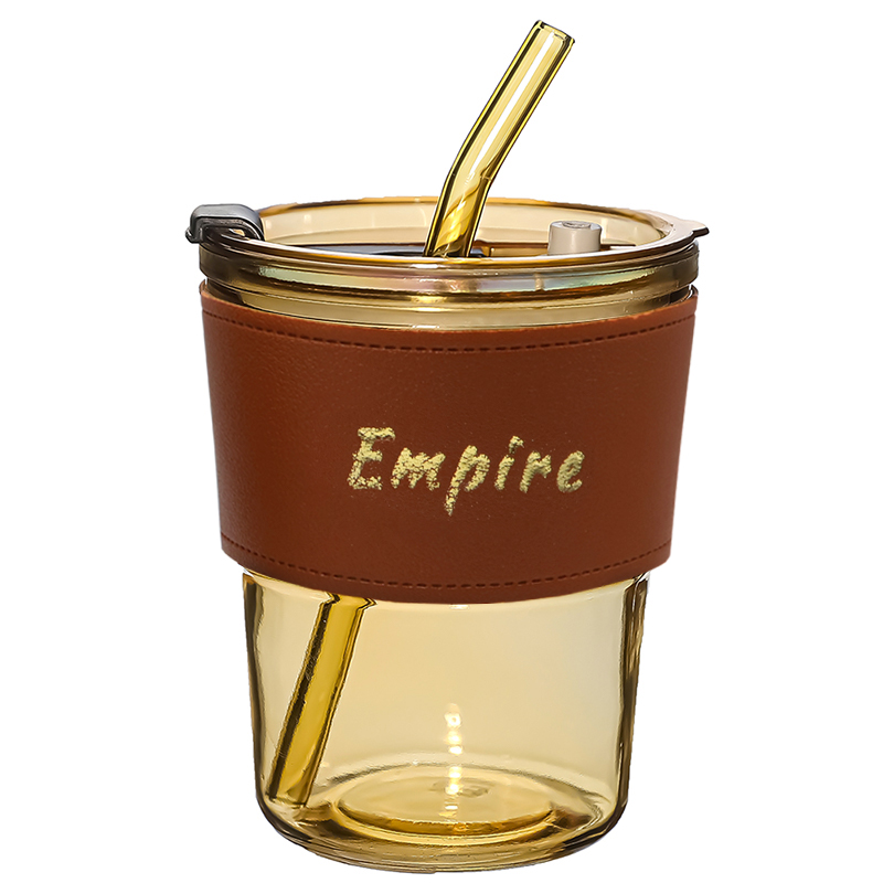 Стакан стеклянный с трубочкой и капхолдером Karamel, Золотой-1