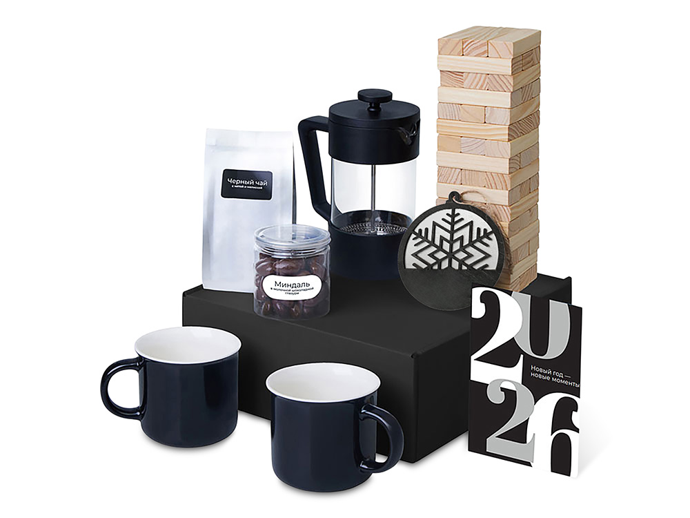 Подарочный набор c френчпрессом, кружками и чаем, черный-1