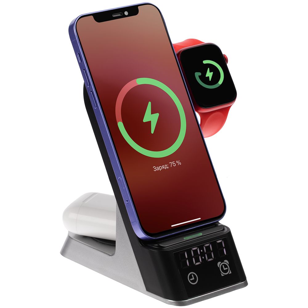 Зарядная станция с часами E-Store для смартфона, часов и наушников, черная-1