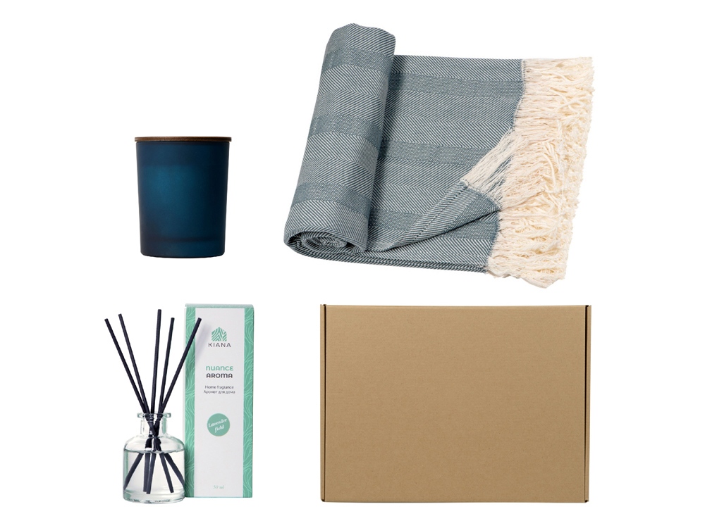 Подарочный набор с пледом, свечой и диффузором, синий-0