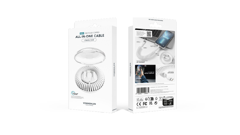 Кабель спиральный в футляре VONMAHLEN Allroundo eco с быстрой зарядкой, 90 см, черный-5