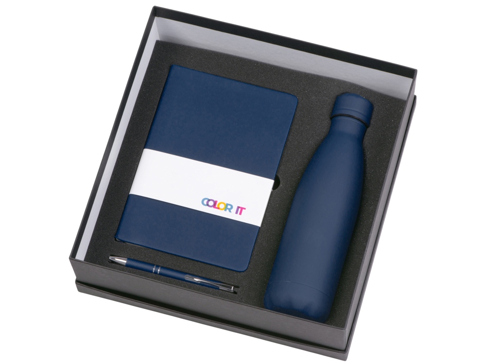 Подарочный набор с блокнотом С2, металлической ручкой и термобутылкой, темно-синий-1