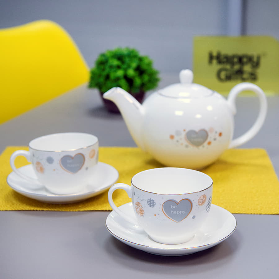 Чайник и две чайных пары GOLD в упаковке, 250мл и 1200мл, костяной фарфор, белый-5