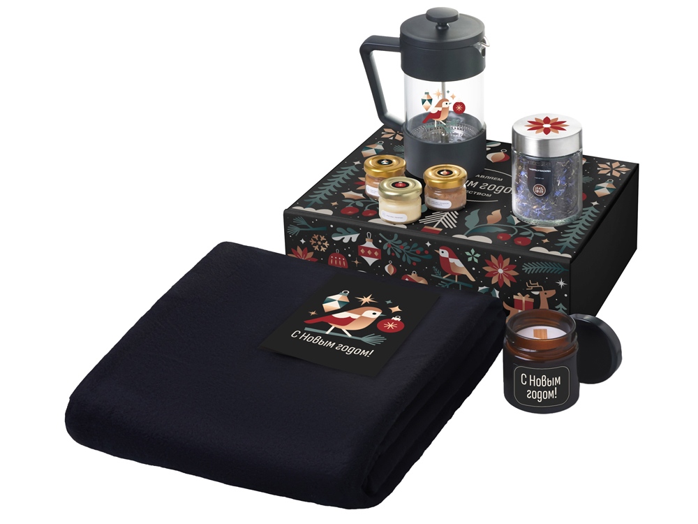 Подарочный набор c пледом, френчпрессом, чаем и медом, черный-0