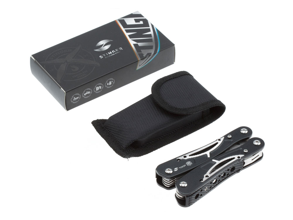 Мультитул Stinger, 105x45 мм, 13 функций, сталь/алюминий, серебристо-чёрный, в нейлоновом чехле-4
