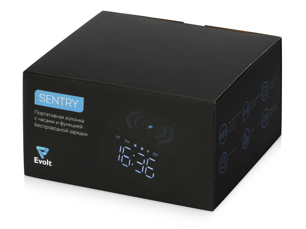 Беспроводная колонка с часами и функцией беспроводной зарядки Sentry, черный-10