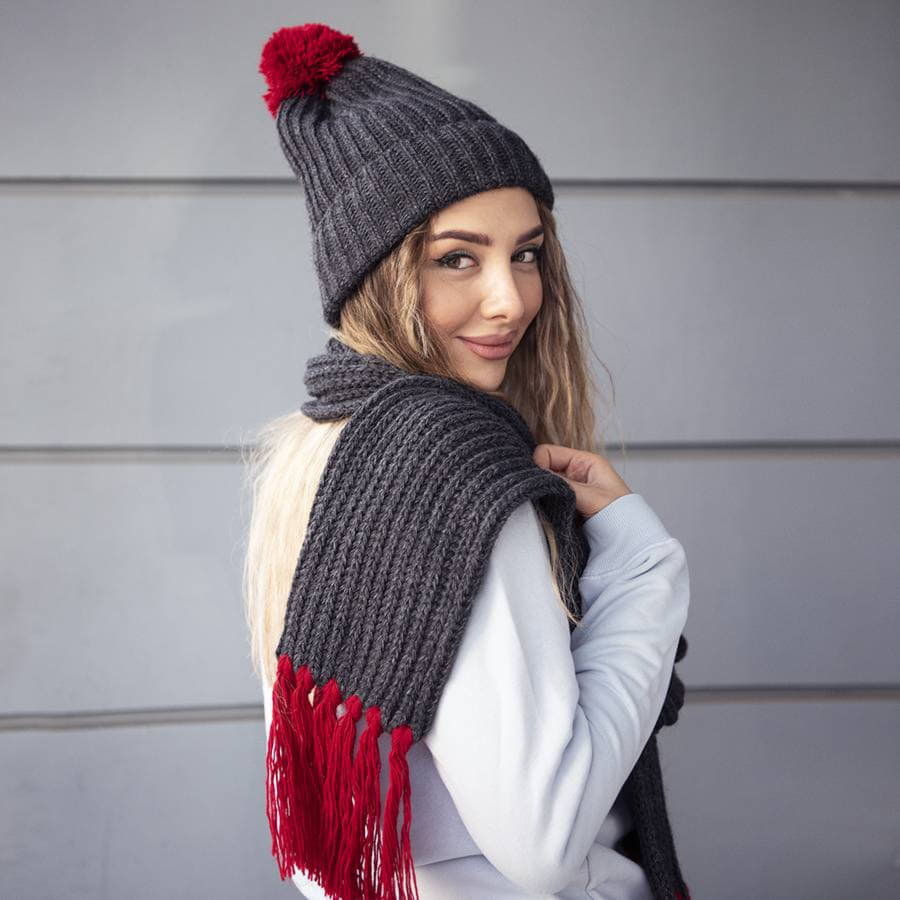 Шапка и шарф GoSnow с ярким помпоном и кисточками, красный-6