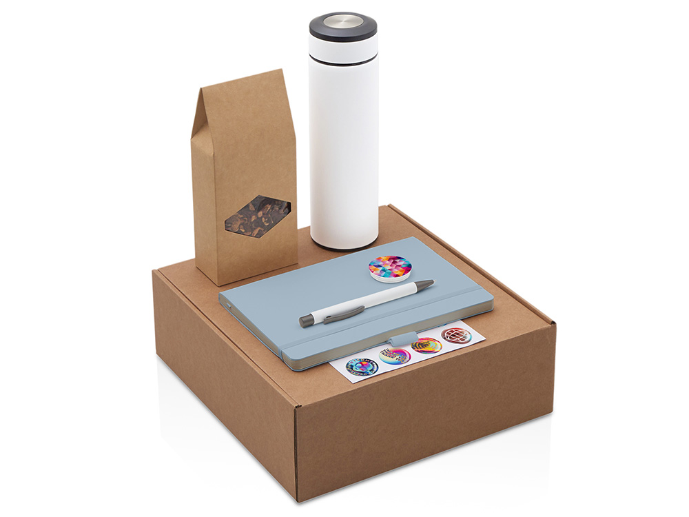 Подарочный набор с термосом, блокнотом, ручкой и чаем, голубой-0