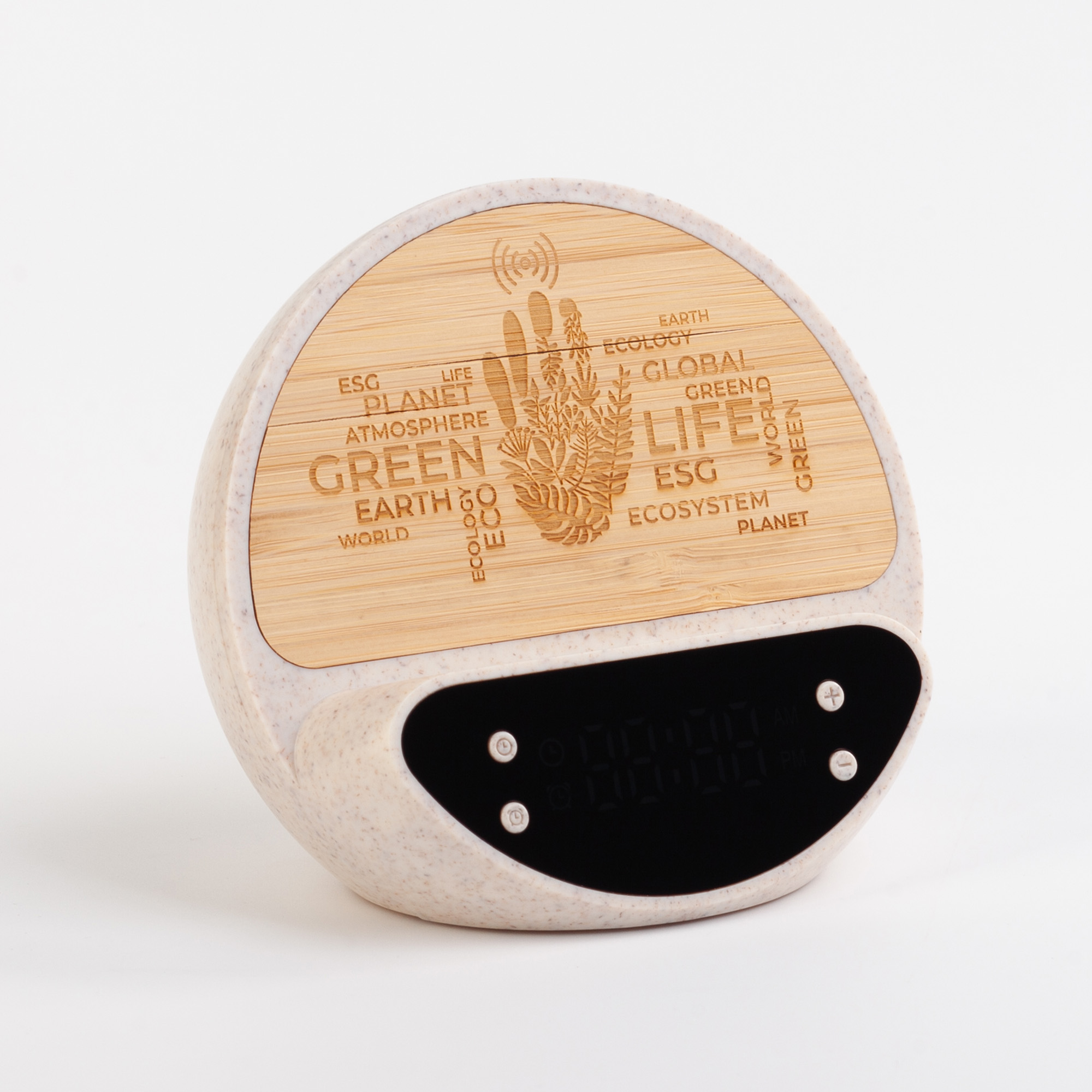 Настольные часы "Smiley" с беспроводным (10W) зарядным устройством и будильником, пшеница/бамбук/пластик-8