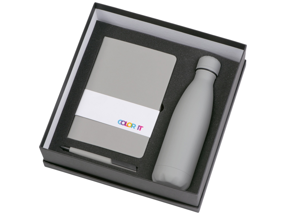 Подарочный набор c блокнотом C1, ручкой и термобутылкой, серый-1