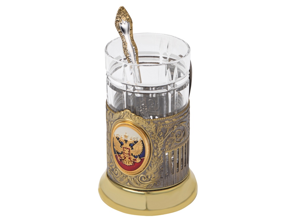 Подстаканник с хрустальным стаканом и ложкой РОССИЙСКИЙ-Л, золотистый/прозрачный-1