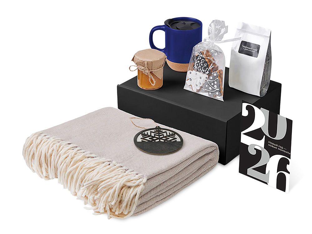 Подарочный набор c пледом, кружкой и вареньем, синий-1