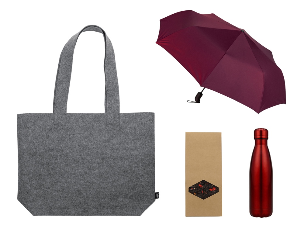 Подарочный набор с зонтом и термобутылкой в шопере, бордовый-0