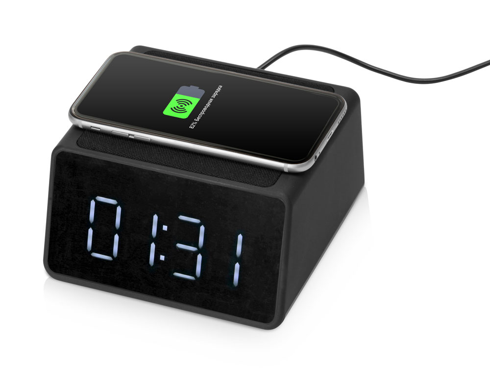 Беспроводная колонка с часами и функцией беспроводной зарядки Sentry, черный-1