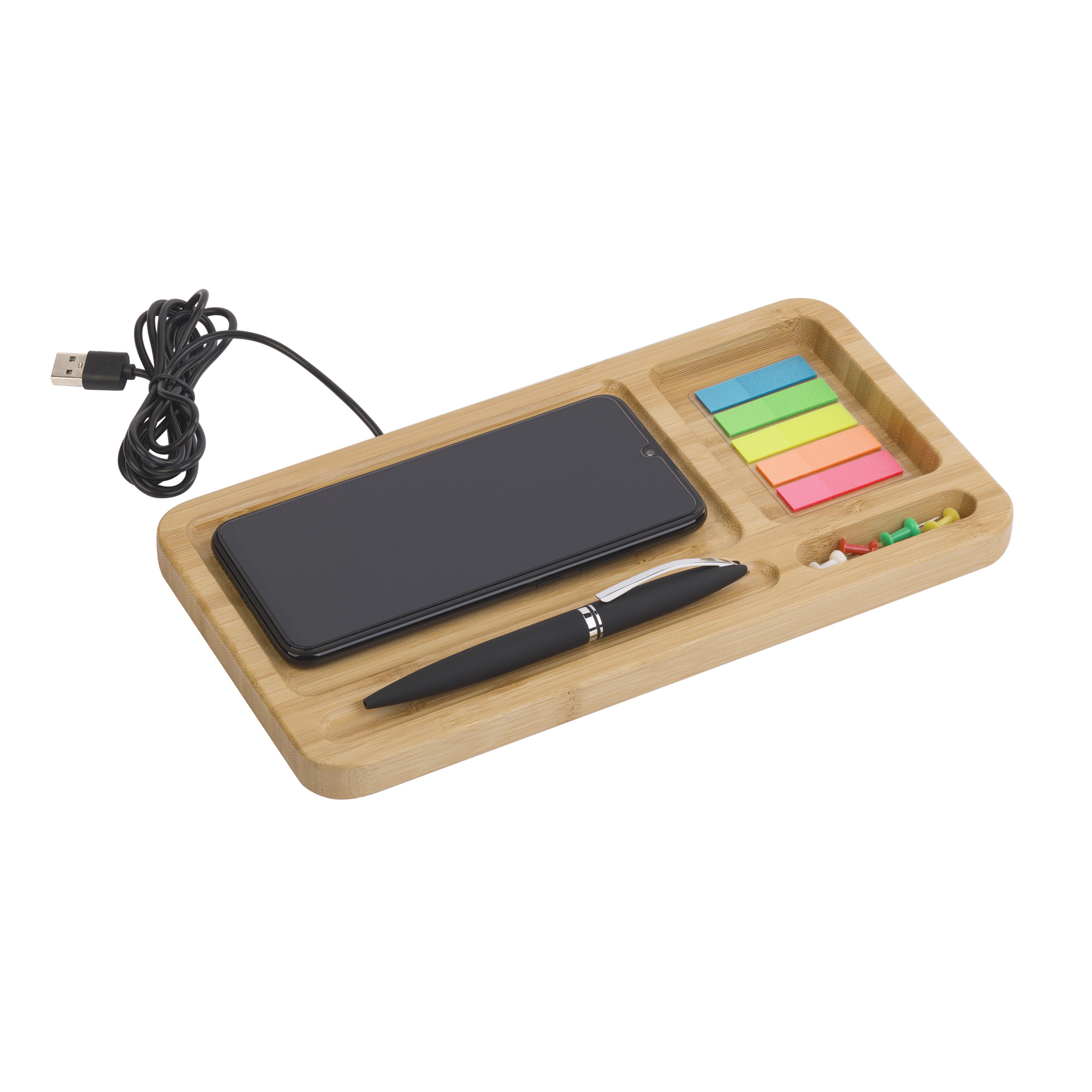 Настольный органайзер "Woodstock" с беспроводным зарядным устройством, бамбук-2