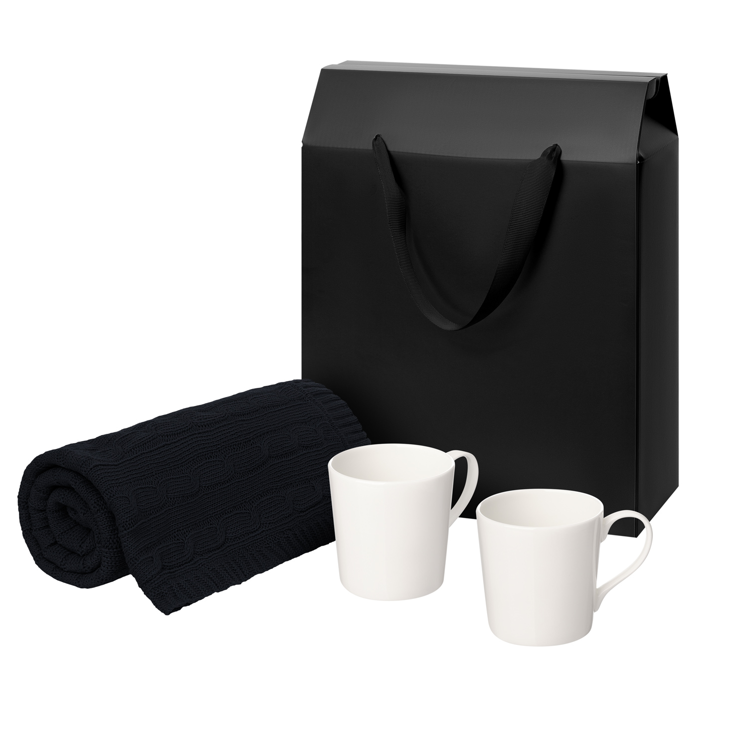 Подарочный набор Сиена (Siena), Фадо (Fado), темно-синий в черной коробке-пакете (две фарфоровых кружки, плед)-0