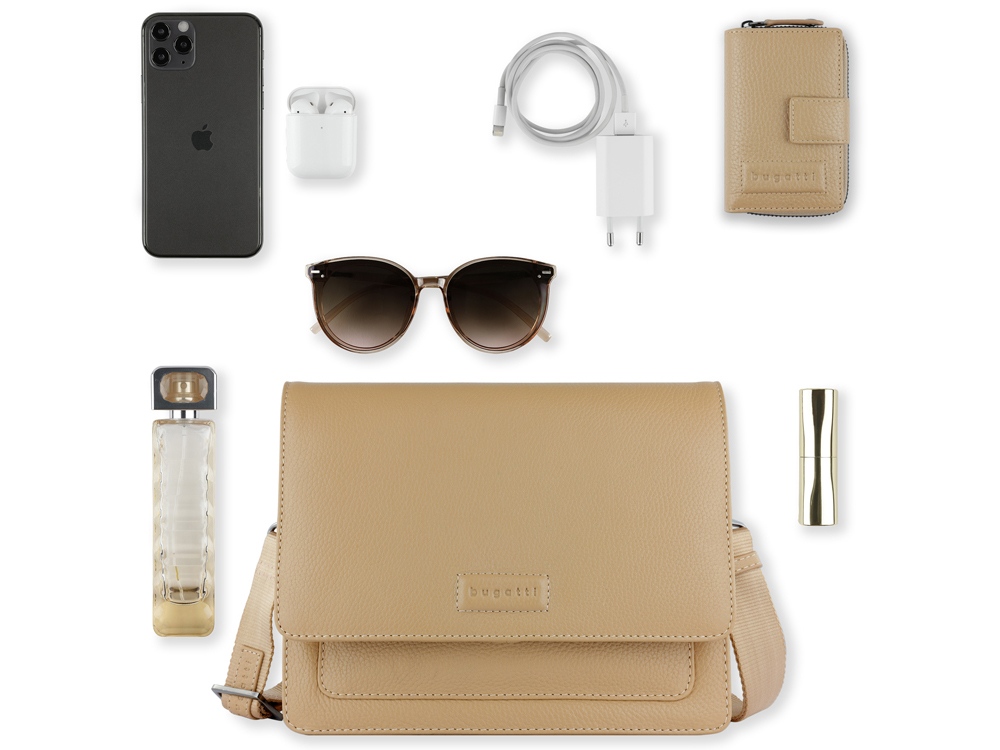 Сумка через плечо женская BUGATTI Elsa, песочного цвета, воловья кожа/полиэстер, 25х8,5х20 см-10