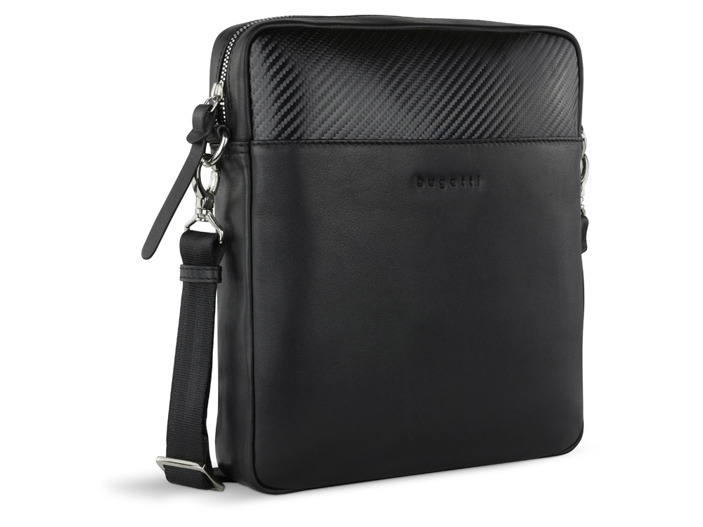 Сумка наплечная мужская BUGATTI Comet, чёрная, воловья кожа/полиэстер, 23,5х5х26 см-0