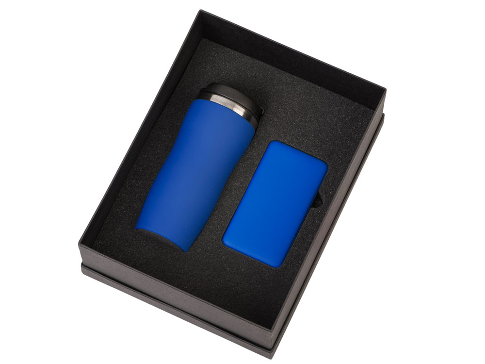 Подарочный набор c вакуумной термокружкой и повербанком С2, синий-1