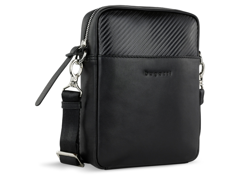Сумка наплечная мужская BUGATTI Comet, чёрная, воловья кожа/полиэстер, 17х4,7х21 см-0