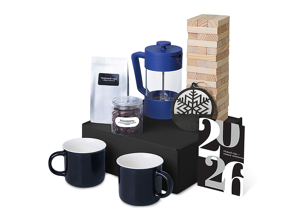 Подарочный набор c френчпрессом, кружками и чаем, синий-1