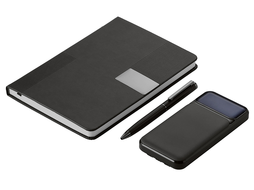 Подарочный набор Tesla с блокнотом А5, ручкой и пауэрбенком на 10 000 mAh, черный-1
